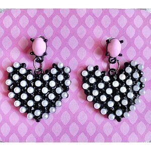 New Black Heart w/ White Faux Pearls Retro 80s Style Valentines Earrings - 1.5”